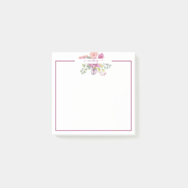 Rosa und pfirsiche Aquarellblumen personalisiert Post-it Klebezettel (Vorderseite)