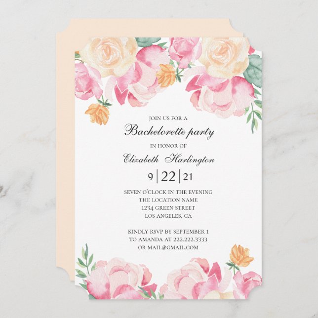 Rosa und pfirsichfarbene Blume. Junggeselinnen-Abs Einladung (Vorne/Hinten)