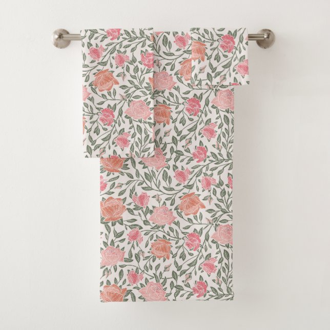 Rosa und pfirsichfarbene Rose Garden Print Bath Ba Badhandtuch Set (Insitu)