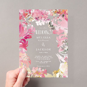 Rosa und rosafarbene Aquarell-Blumen-Hochzeitseinl Acryleinladungen