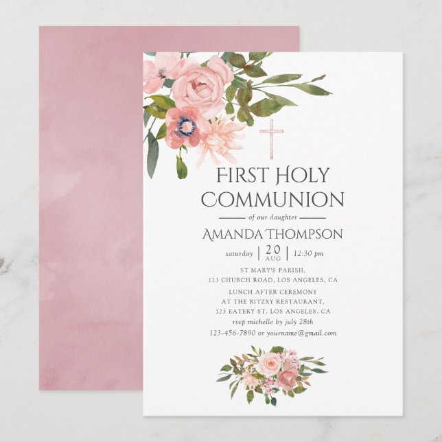 Rosa und Rose Gold Bläsernte Erstkommune Einladung (Vorne/Hinten)