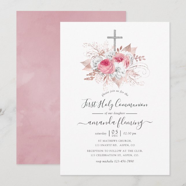 Rosa und Rose Gold Blumenstrauß Erstkommunion Einladung (Vorne/Hinten)