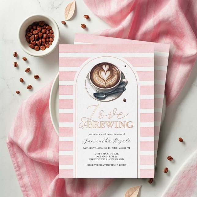 Rosa und Rose Gold Coffee Brautparty Thema Folieneinladung (coffee bridal shower theme invitations pink and rose gold with watercolor stripes)