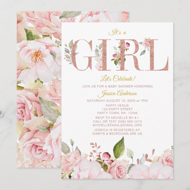 Rosa und Rose Gold Floral Baby Dusche Einladung (Vorne/Hinten)