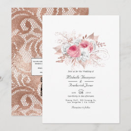 Rosa und Rose Gold Floral und Spitzen QR Code Hoch Einladung