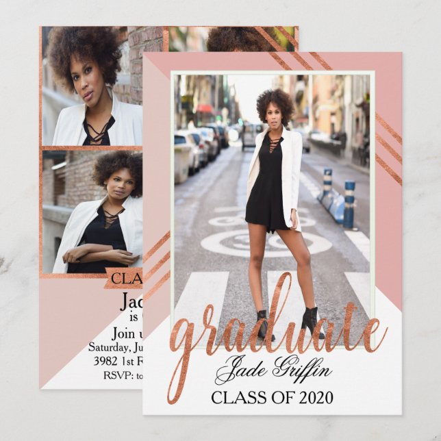 Rosa und Rose Gold Foil Graduation Party Feier Einladung (Vorne/Hinten)
