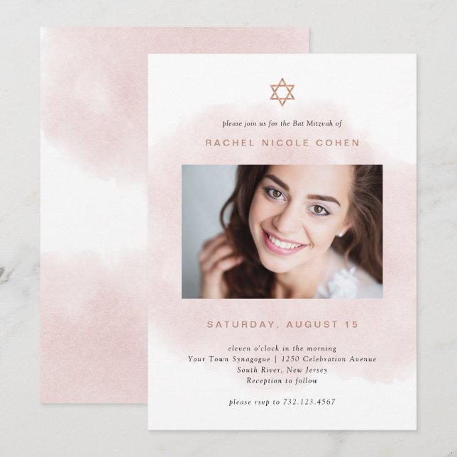 Rosa und Rose Gold| Foto Bat Mitzvah Einladung (Vorne/Hinten)