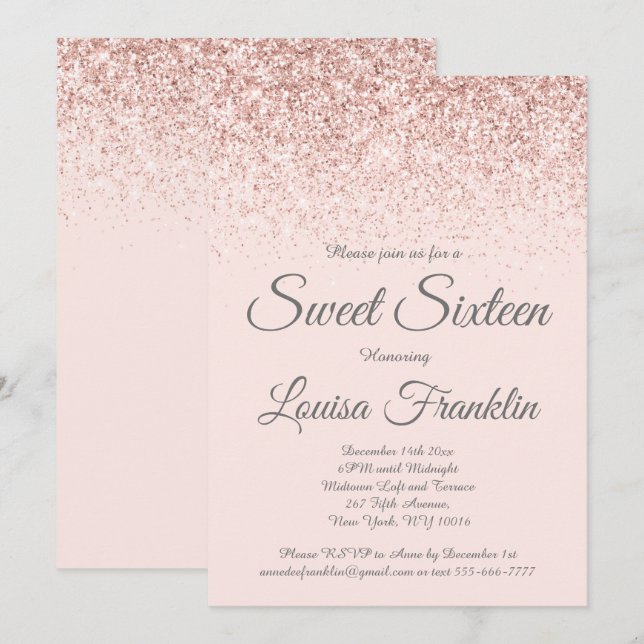 Rosa und Rose Gold Glitzer Sweet 16 Einladung (Vorne/Hinten)