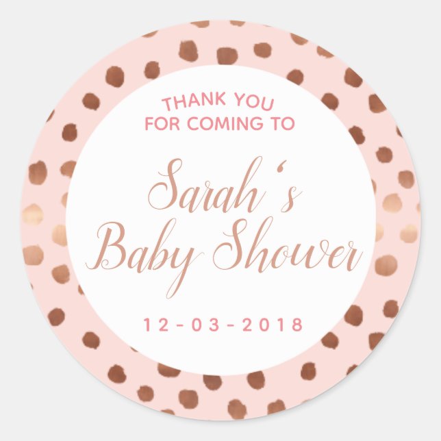 Rosa und Rose Gold Punkt Babyduschaufkleber Runder Aufkleber (Vorderseite)