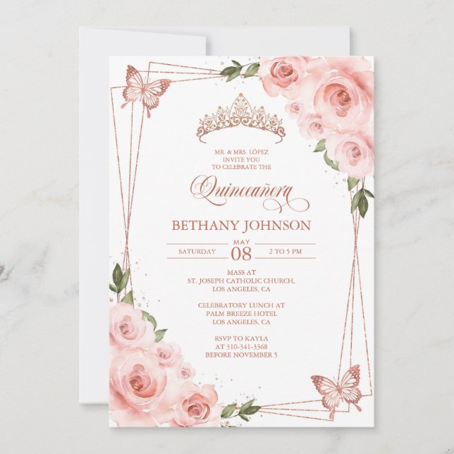 Rosa und Rose Gold Quinceñera Einladung (Vorderseite)