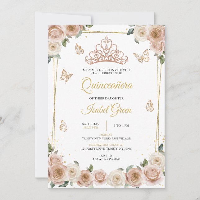 Rosa und Rose Gold Quinceñera Einladung (Vorderseite)