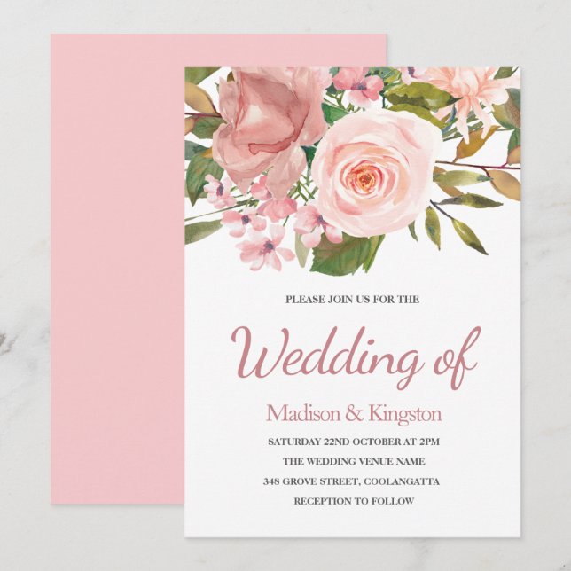 Rosa und Rose Goldene Blüte Hochzeitsfeier Einladung (Vorne/Hinten)