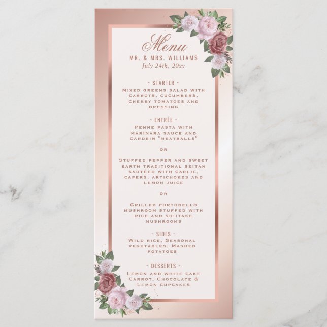 Rosa und Rose Goldflorale Hochzeitsmenü Menükarte (Vorderseite)