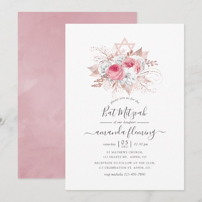 Rosa und Rose Goldflorenbat Mitzvah Einladung (Vorne/Hinten)