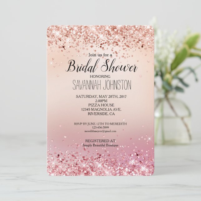 Rosa und Rose Sparkle Brautparty Einladung (Stehend Vorderseite)