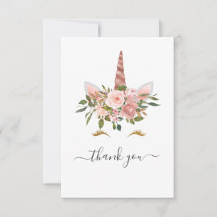 Rosa- und Roségold-Blumen-Einhorn-Baby-Party  Dankeskarte