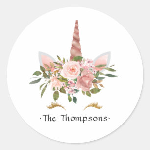 Rosa und Roségold Blumen Einhorn Baby Shower Runder Aufkleber