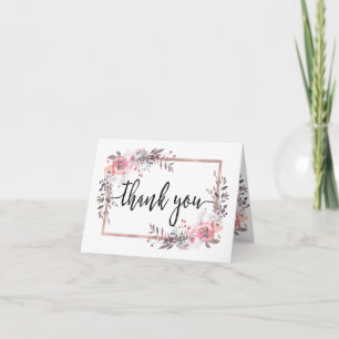Rosa und Roségold gerahmte florale Hochzeits-Danke Dankeskarte