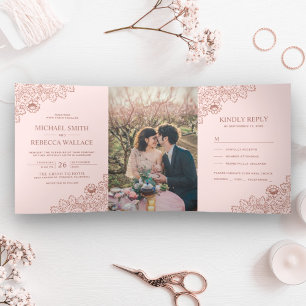 Rosa und Roségold-Spitze Hochzeitsfoto Dreifach Gefaltete Einladung