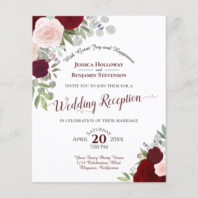 Rosa und Rosen Budget Hochzeitsempfang Einladung (Vorderseite)