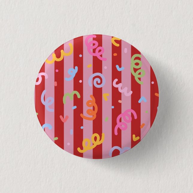 Rosa und rot gestreift, mit Konfettidesign  Button (Vorderseite)