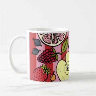 Rosa und rot gestreifter Becher mit buntem Obst Kaffeetasse