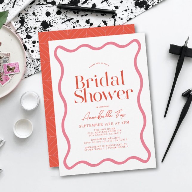 Rosa und Rot-Wavy-Frame-Trendy-Brautparty Einladung (Von Creator hochgeladen)