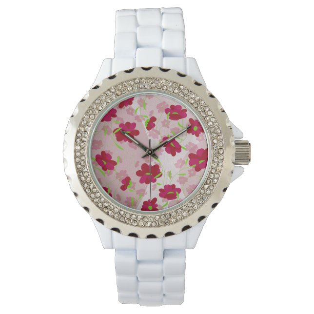 Rosa und rote Blume - Blumen Armbanduhr (Vorderseite)