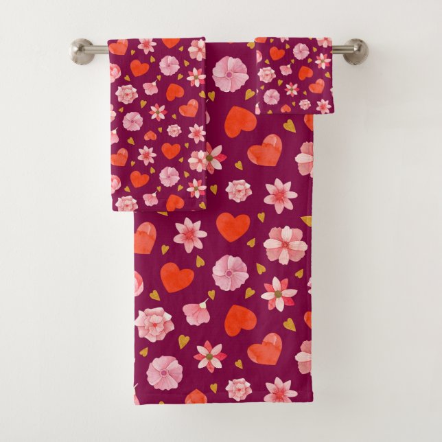 Rosa und rote Blume und Herz Badhandtuch Set (Insitu)