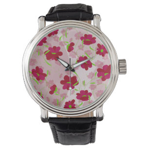 Rosa und rote Blumen - Floral Armbanduhr