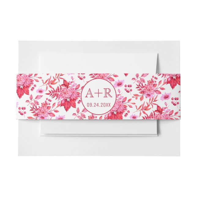 Rosa und rote Blumenmuster Initialen Hochzeit Einladungsbanderole (Vorderseite Beispiel)