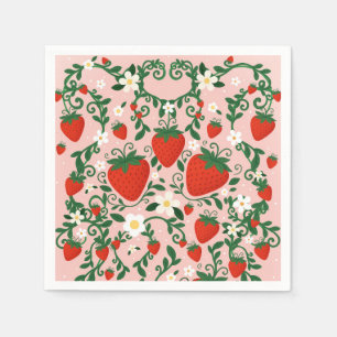 Rosa und rote Blumenranken Erdbeeren-Aufkleber Serviette