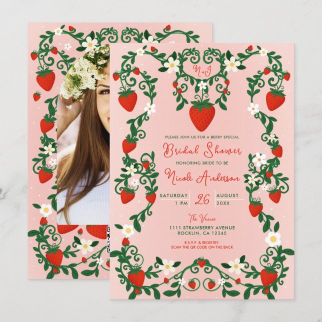 Rosa und Rote Blüten Erdbeeren Brautparty Einladung (Vorne/Hinten)