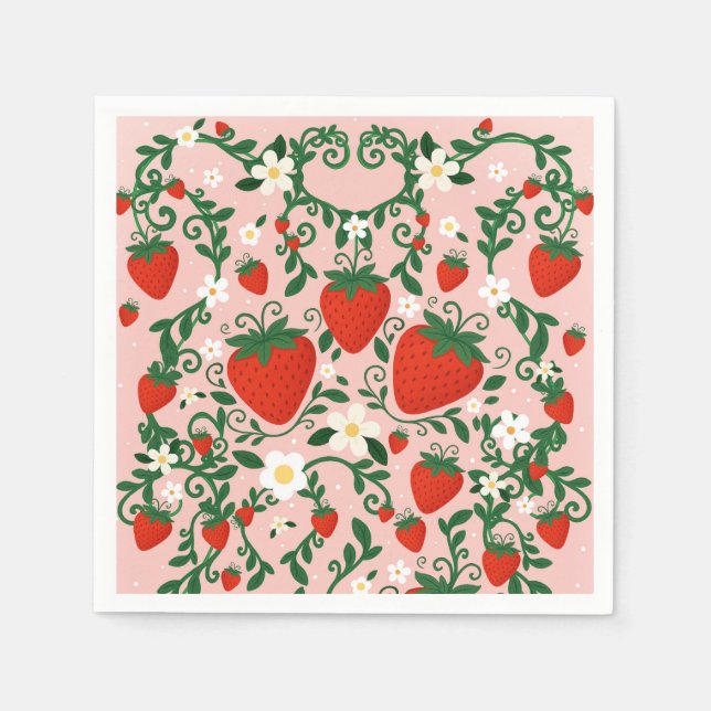 Rosa und Rote Blütenweine Erdbeeraufkleber Serviette (Vorderseite)