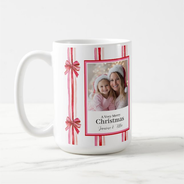 Rosa und Rote Bows Weihnachts-Foto-Tasse Kaffeetasse (Links)
