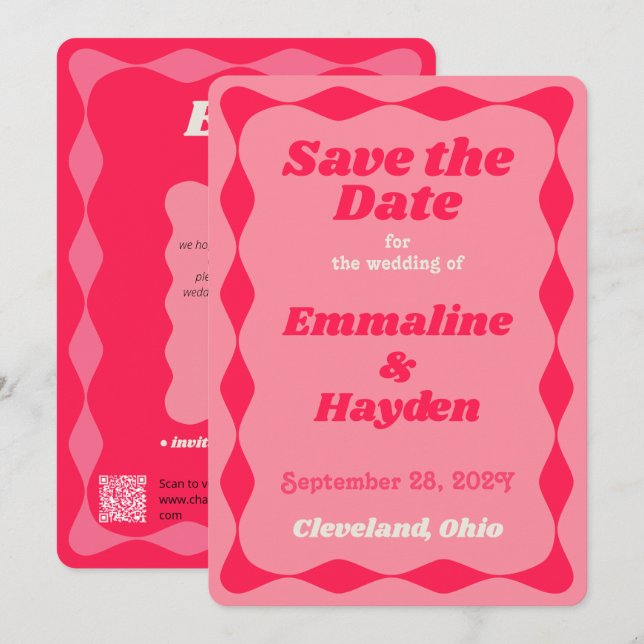 Rosa und Rote Groovy Wavy Border Wedding Save The Date (Vorne/Hinten)