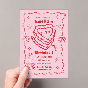 Rosa und Rote Herz Torte Geburtstag jedes Alter Acryleinladungen