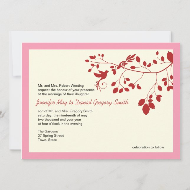 Rosa und Rote Hochzeit laden Liebesvögel ein Einladung (Vorderseite)