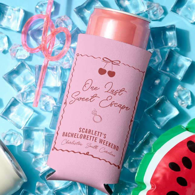 Rosa und Rote Kirsche Bachelorette Weekend Mini Selters Dosenkühler (One Last Sweet Escape can cooler, bachelorette, party favors, red, pink, cherry, bow, personalized)
