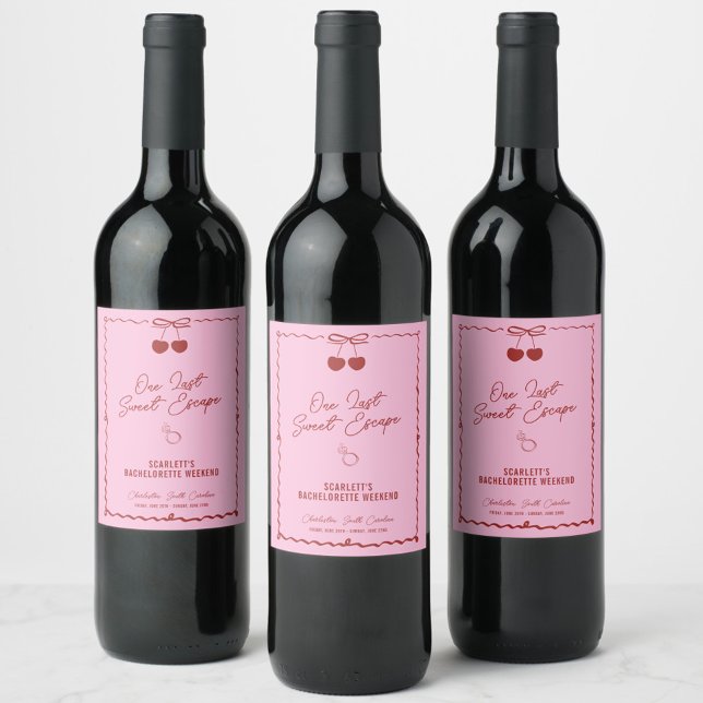 Rosa und Rote Kirsche Bachelorette Weinetikett (One Last Sweet Escape wine label—perfect for a chic red and pink bachelorette weekend celebration!)