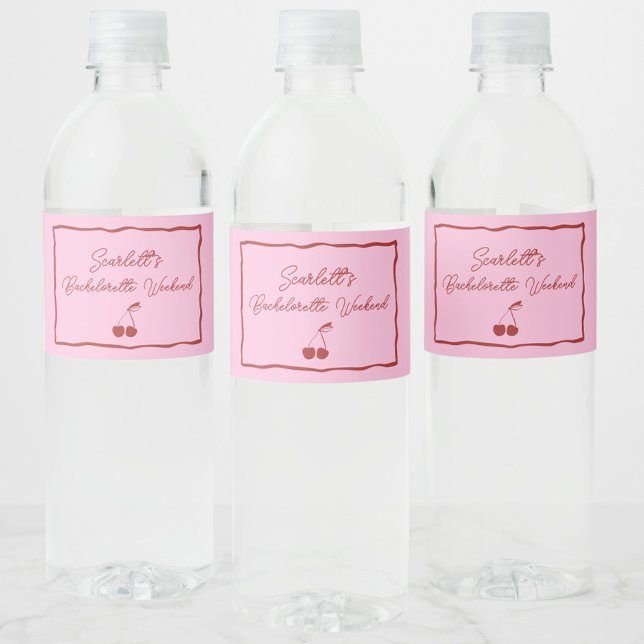 Rosa und Rote Kirsche Junggeselinnen-Abschied Woch (One Last Sweet Escape water bottle labels, bachelorette, party favors, red, pink, personalized, chic)