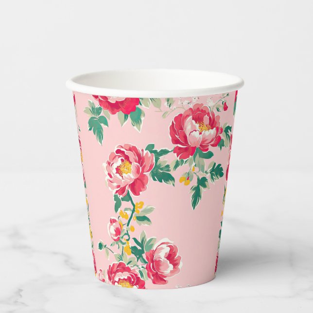 Rosa und Rote Peony Chinoiserie Blumen Pappbecher (Vorderseite)