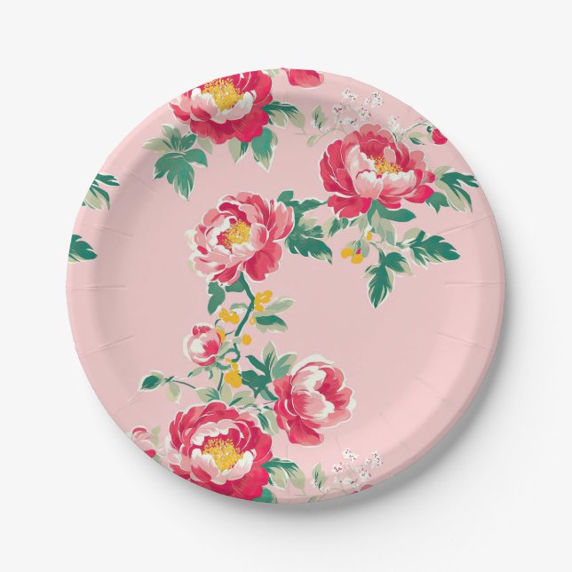Rosa und Rote Peony Chinoiserie Blumen Pappteller (Vorderseite)