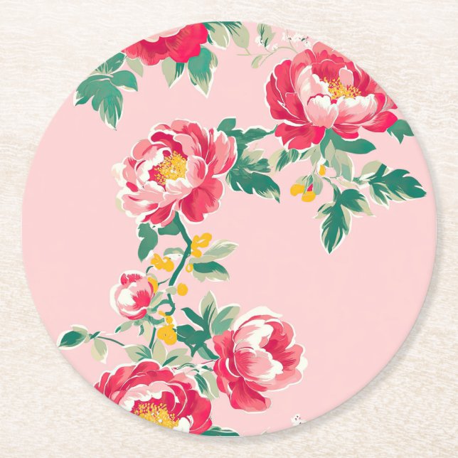 Rosa und Rote Peony Chinoiserie Blumen Runder Pappuntersetzer (Vorderseite)