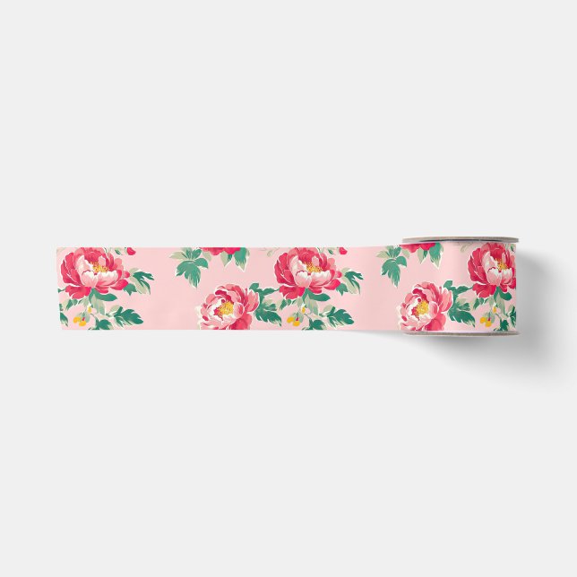 Rosa und Rote Peony Chinoiserie Blumen Satinband (Vorderseite)