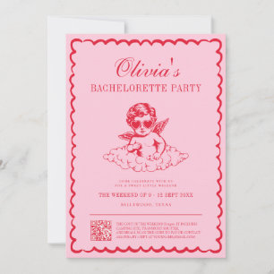 Rosa und rote Retro-Cherub-Junggesellinnen-Abschie Einladung