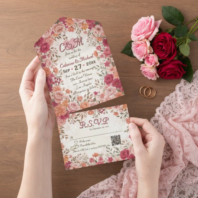 Rosa und rote romantische Frühlingsblumen QR-Code  All In One Einladung (Flat lay pink red floral vintage spring garden romantic wedding invitation suite with RSVP)