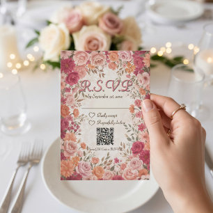 Rosa und rote romantische Frühlingsblumen QR-Code RSVP Karte