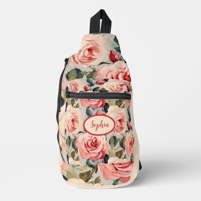 Rosa und Rote Rosen Blumenmuster Crossbody Bag (Vorderseite)