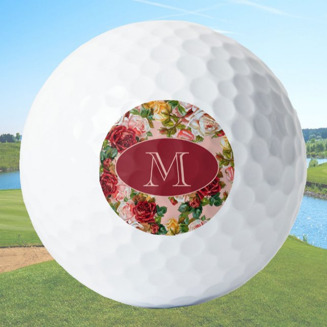 Rosa und Rote Rosen Blütenfarbige Monogramm Golfball (Von Creator hochgeladen)